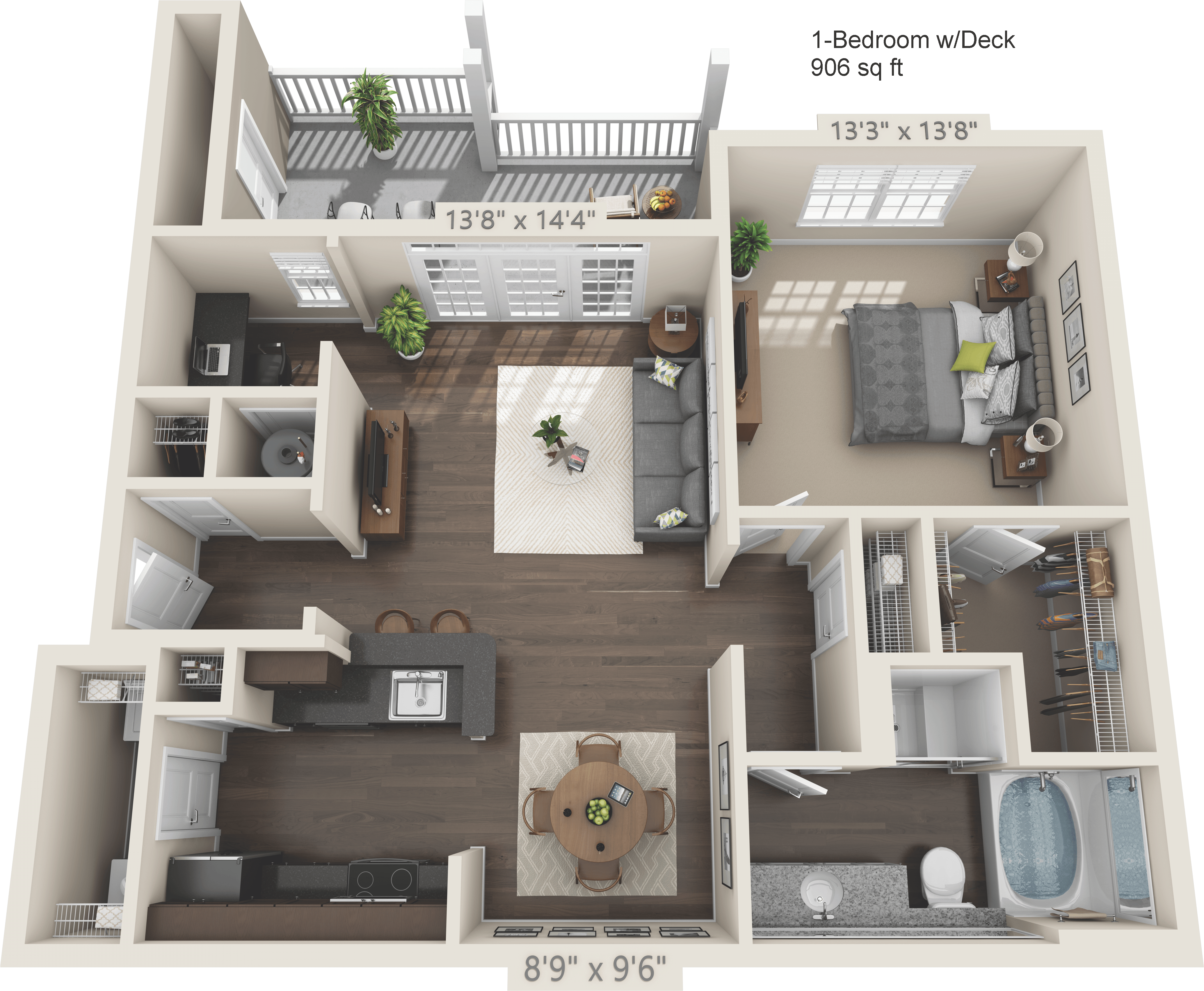 Floor plan for 1 bed, 1 bath, 906 sqft